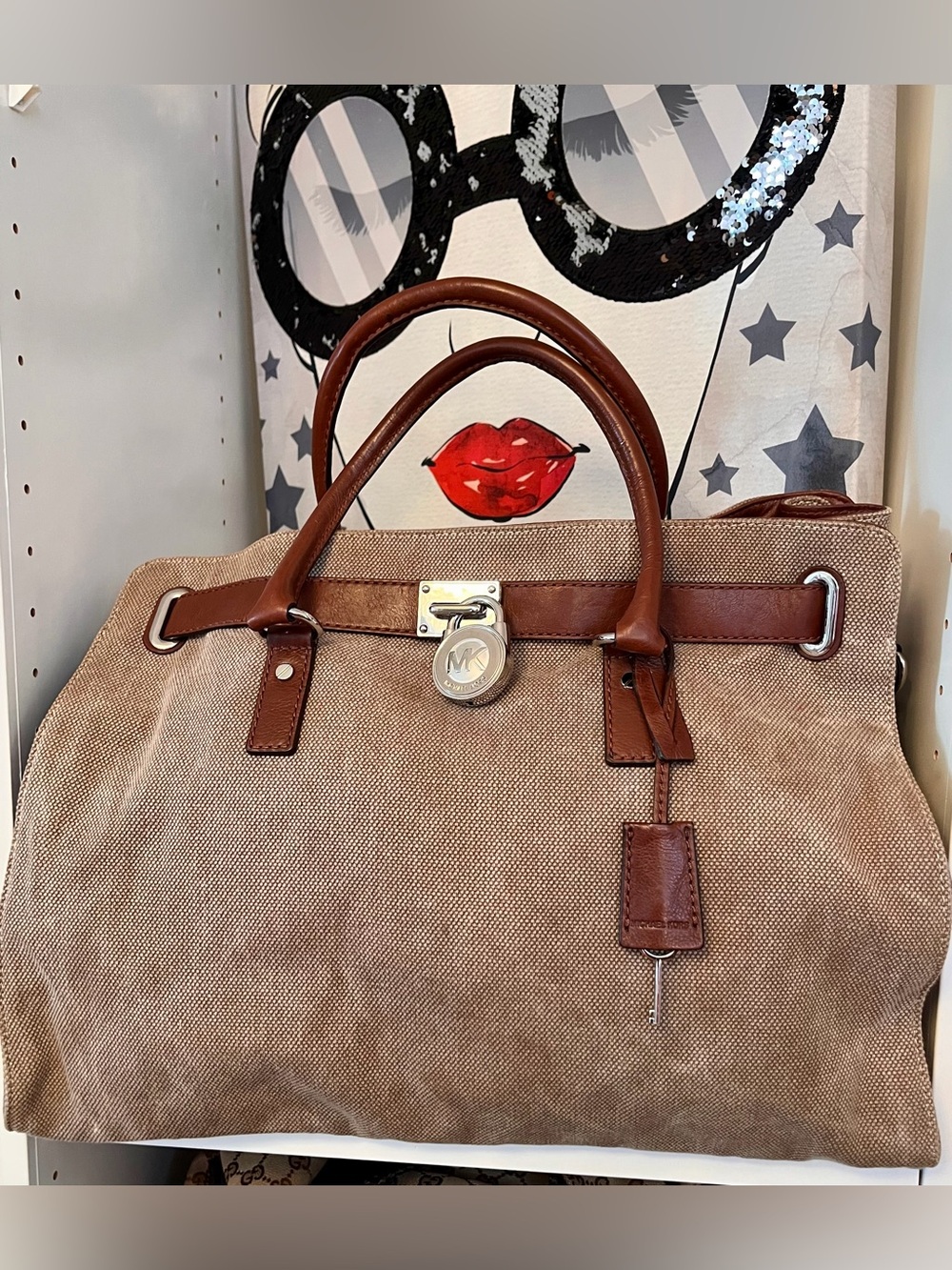 Michael Kors Hamilton Natural Canvas Whiskey Brown Leather Tote Shoulder Handbag